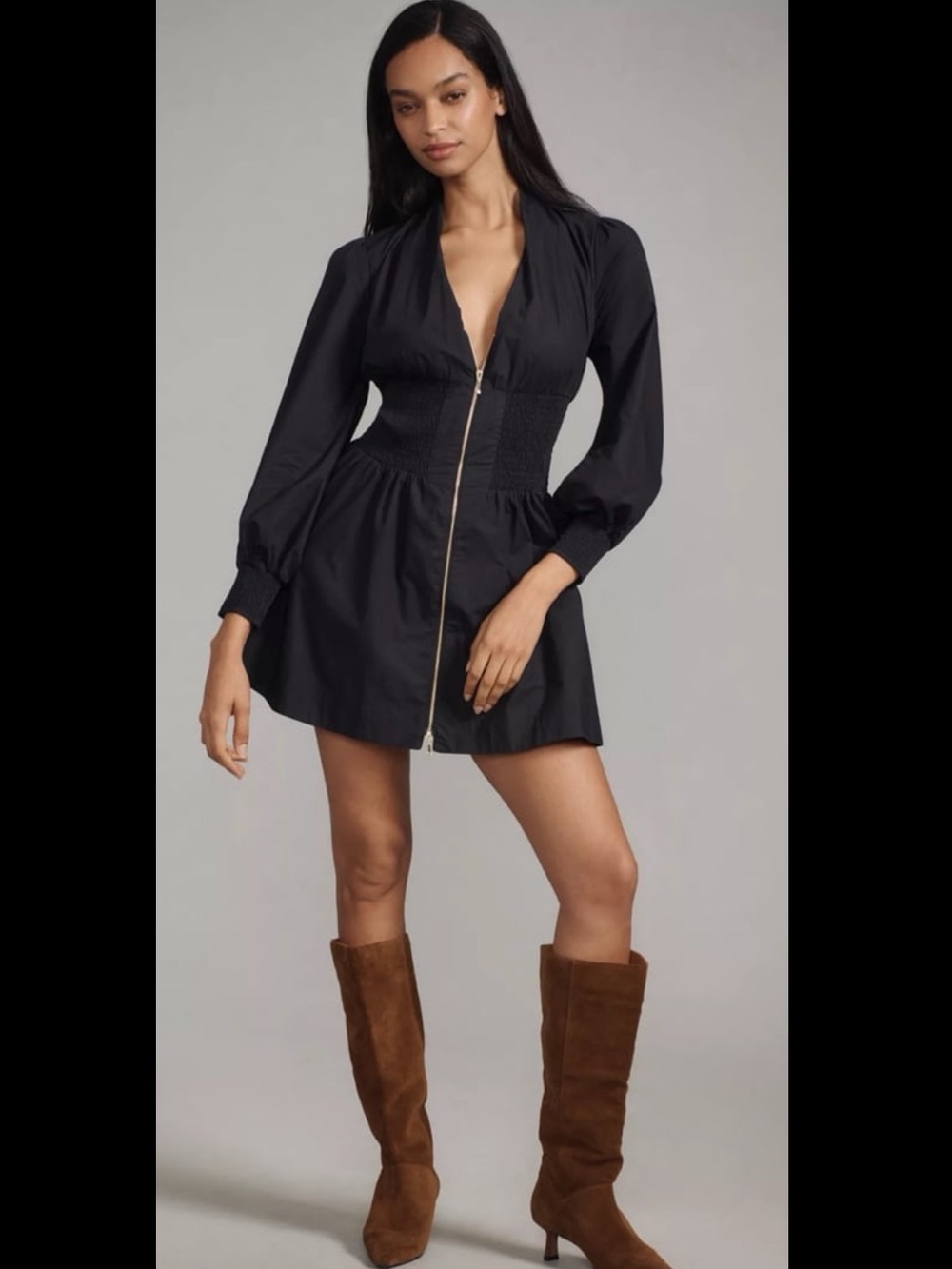 Anthropologie XS long sleeve Tommie dress - black mini dress with gold zipper